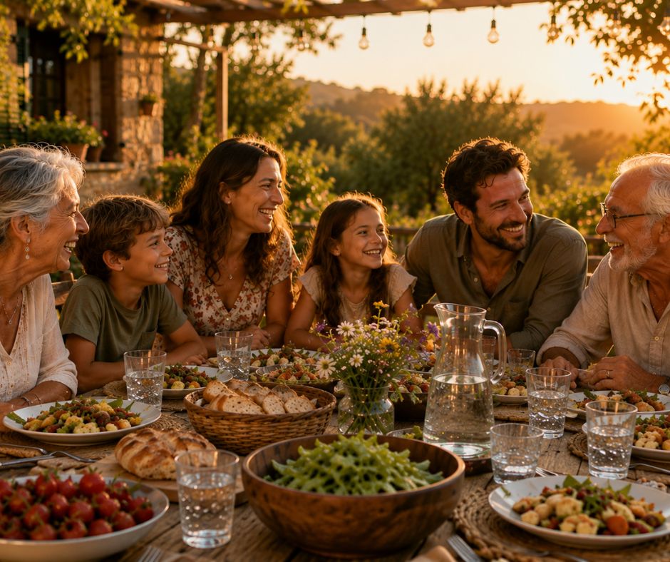 Family practicing healthy aging while eating a meal